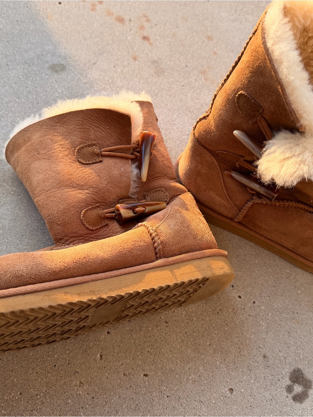 Chestnut Suede Shearling Toggle Boots - Faux Fur Lining